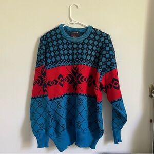 Vintg. 70’s DEMETRE Pure Virgin Wool Winter Ski Sweater Blue And Red Sz M